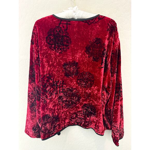 CHICO’S | Crushed Velvet Jacket Red Black Asian Print Open Front | Size 3 XL - Picture 4 of 5